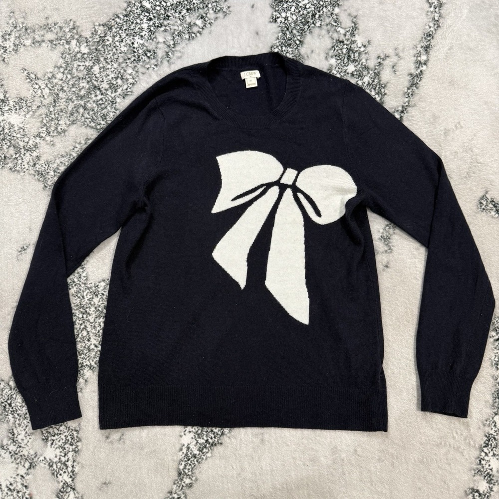 J‎ Crew Sweater Womens Size XL Navy Bow Merino Wool Blend Knit Crewneck